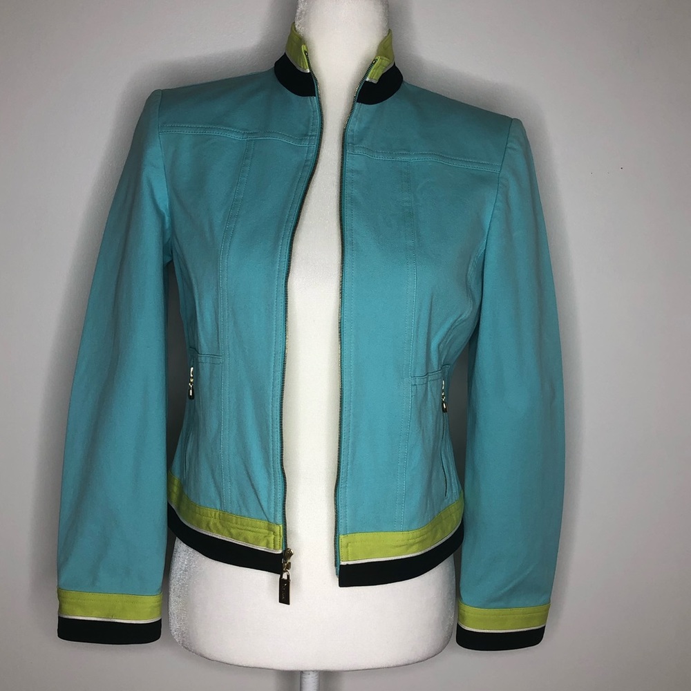St John Sport blue & lime green zip front cropped jacket